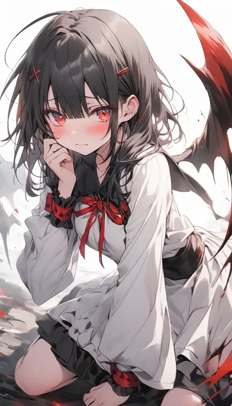 Shy Kaguya Shinomiya From Love is war, has a red shining eyes and black hair, full body