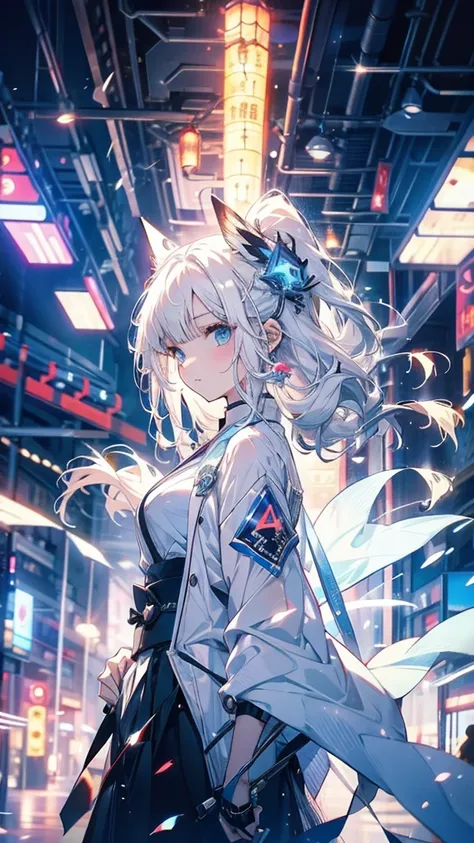 mystery。White hair girl。Detailed background。近未来のサイバースーツを着たWhite hair girlが戦闘体勢に入っているシーン。Behind is a hologram of a future city and neon lights.。