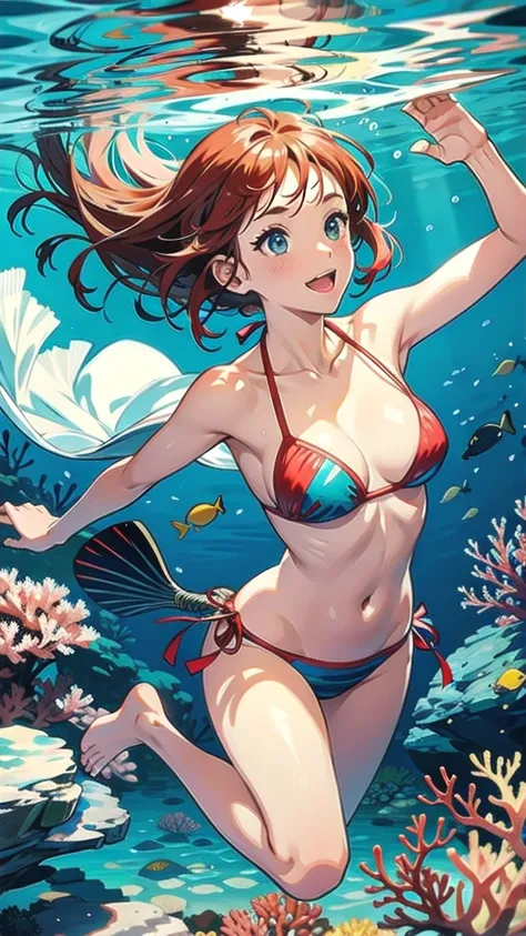 a girl in a bikini swimming in the sea the image divided by a wave of crystal clear water underwater ,corals reefs , beautiful fish