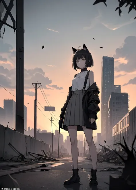 1. **Character**:
   - The character is standing with her back to the viewer, facing the sunset.
   - She has cat ears, which may suggest she is either a fantasy character or wearing some kind of accessory.
   - Her outfit consists of a light brown jacket ...