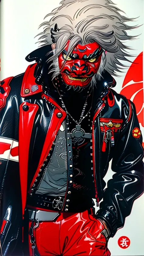 lion dance　whole body　cyber punk　 japan　　leather jacket　gray hair　akira 　male　fantasy