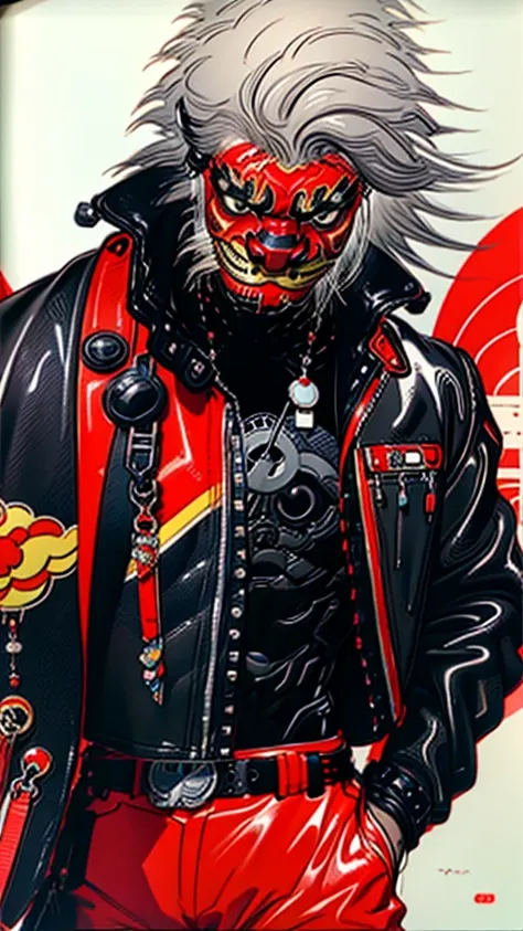 lion dance　whole body　cyber punk　 japan　　leather jacket　gray hair　akira 　male　fantasy