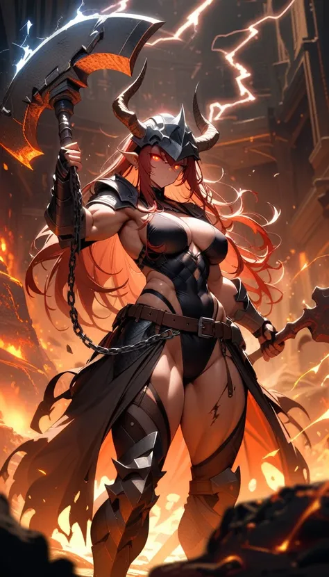 ((best quality)) , ((masterpiece)) , (detailed)，axe, 1girl, female focus, horns, glowing eyes, holding, beard, glowing, solo, weapon, holding axe, facial hair, muscular, fire, holding weapon, chain, looking at viewer, long hair, lightning, muscular female,...