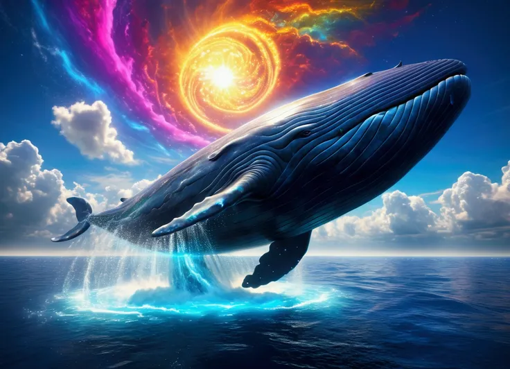 (Flying Whale), in Solar Sanctuary, standing beneath a sky filled with swirling colorful clouds of solar plasma and colorful streams of charged particles from the sun, full body, award-winning, cinematic still, emotional, vignette, dynamic, vivid, (masterp...