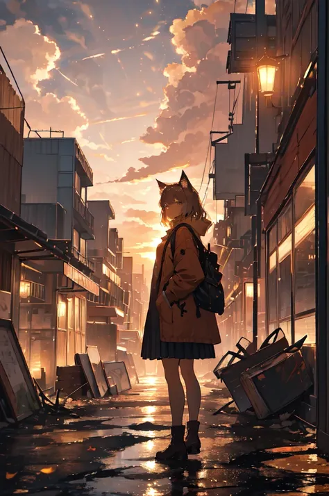 1. **character**:
   - the character is standing with her back to the viewer, facing the sunset.
   - she has cat ears, which ma...