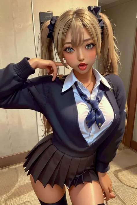 one girl, (((Open your mouth)))、Put your hands on your face、uniform、Beautiful breasts、 Brown eyes, ((Twin tails)) blonde, girl, (Eye and facial details:1.0), break, (masterpiece, Highest quality, Very detailed, Detailed face, 8k)