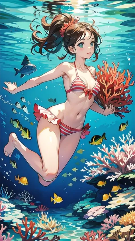 a girl in a bikini swimming in the sea the image divided by a wave of crystal clear water underwater ,corals reefs , beautiful fish