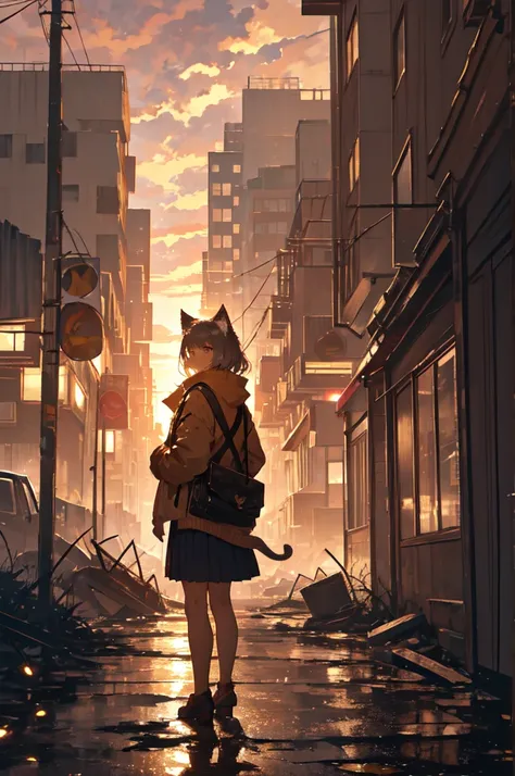 1. **Character**:
   - The character is standing with her back to the viewer, facing the sunset.
   - She has cat ears, which may suggest she is either a fantasy character or wearing some kind of accessory.
   - Her outfit consists of a light brown jacket ...