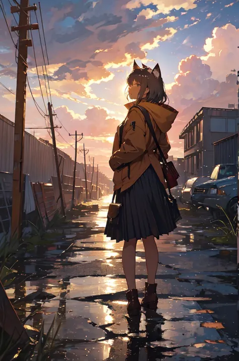 1. **Character**:
   - The character is standing with her back to the viewer, facing the sunset.
   - She has cat ears, which may suggest she is either a fantasy character or wearing some kind of accessory.
   - Her outfit consists of a light brown jacket ...