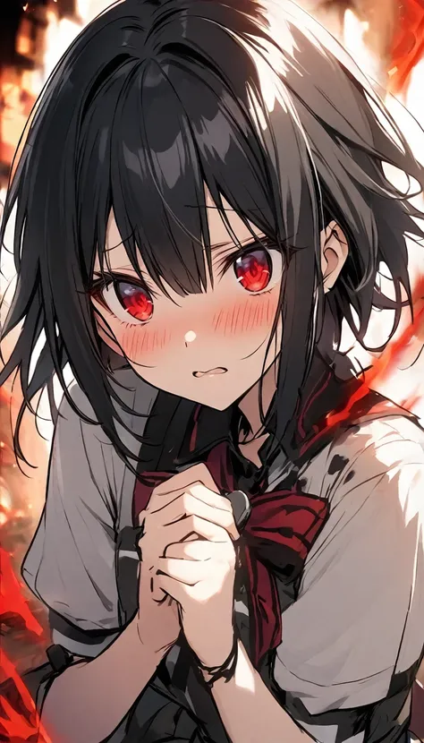 Shy Kaguya Shinomiya From Love is war, has a red shining eyes and black hair
