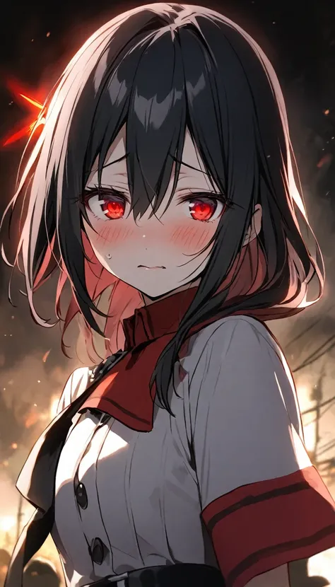 Shy Kaguya Shinomiya From Love is war, has a red shining eyes and black hair
