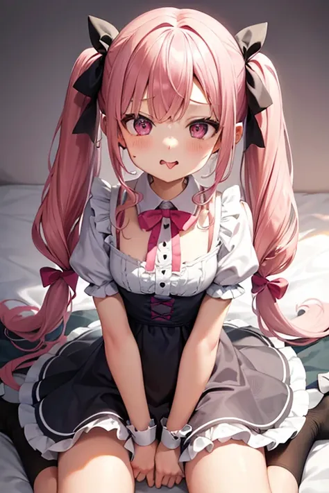 Twin tails、Pink Hair、Wavy Hair、Slanted Eyes、pretty girl、Spoiled brat、Little devil、Thin chest、tongueを出している、ribbon、tongue、Ruffled clothing、Please spread your legs