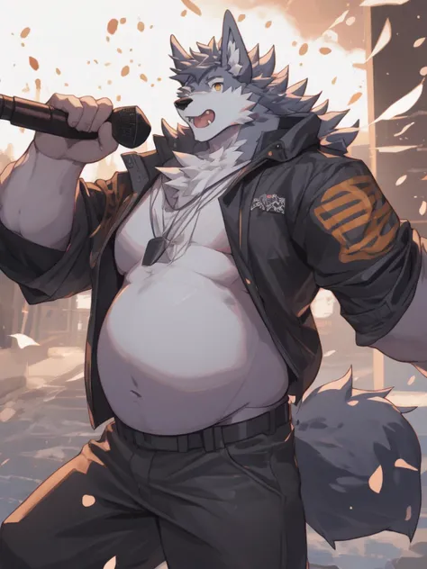  Werewolf，Dressed as a singer，Slightly chubby，Gray hair，Orange pupils，The expression is kind and cute，In singing