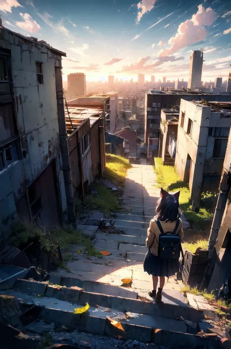 1girl, An anime-style character, female, standing on a ledge overlooking a city in a state of disrepair. The character has cat ears and is dressed in a , featuring a brown jacket and a pleated skirt. She carries a satchel over her shoulder.

The city below...