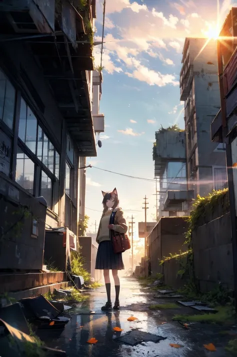 1girl, An anime-style character, female, standing on a ledge overlooking a city in a state of disrepair. The character has cat ears and is dressed in a , featuring a brown jacket and a pleated skirt. She carries a satchel over her shoulder.

The city below...