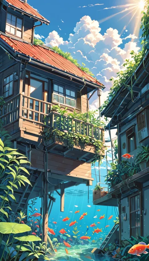 ((anime:1.4,illustration)),(masterpiece, top quality, best quality),(ultra-detailed, absolutely resolution),((16k, high res)). BREAK {lofi art, style of Laurie Greasley, style of Makoto Shinkai, anime aesthetic}, BREAK {A house sunk at the bottom of the se...