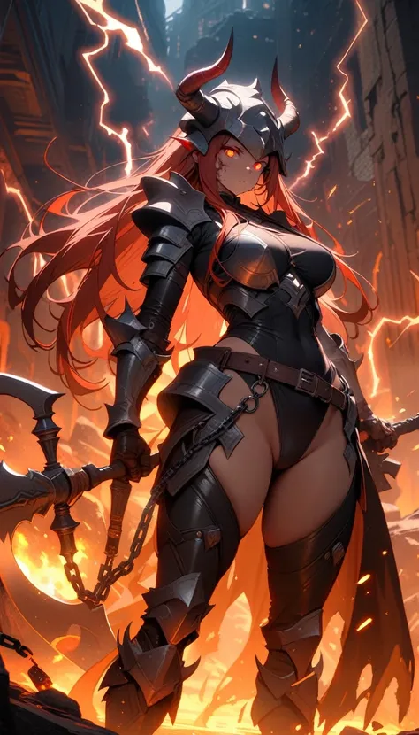 ((best quality)) , ((masterpiece)) , (detailed)，axe, 1girl, female focus, horns, glowing eyes, holding, beard, glowing, solo, weapon, holding axe, facial hair, fire, holding weapon, chain, looking at viewer, long hair, lightning,  red hair, horned helmet, ...