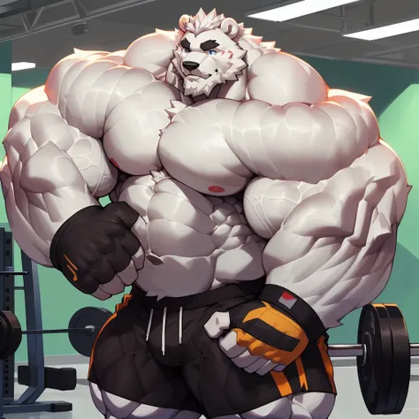 solo, 1boy, Huge Muscular White Polar Bear, huge white fur, pectoral, huge pectoral, wide pectoral, short white hair, ((really big muscle, massive muscular, sixpack, thick arms, wide pectoral, super huge muscle, hyper muscular, over sized muscle, huge arms...