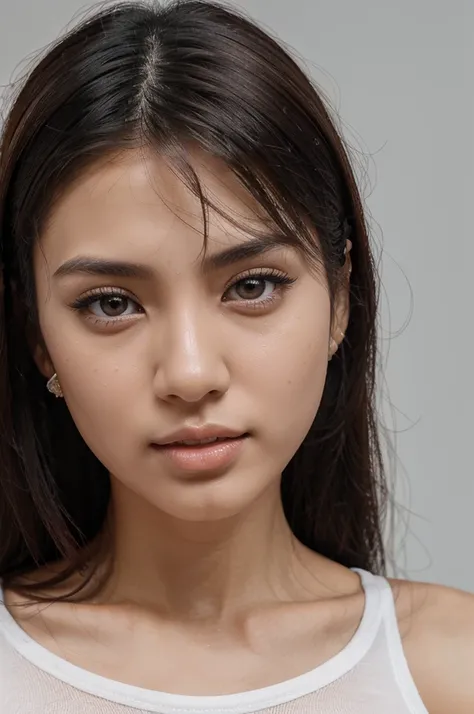 Babe, Chinese-Arabian, 22 year old, Wear Plain-White-Tees, ultra detailed eye, (focus eye look), black-brown hair, gorgeous hairstyle, ultra detailed face, ultra-detailed skin texture, White skin, (detail finger-nails), 4k, (full-body shot)