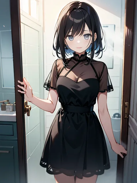 Beautiful woman、２８age、Draw a scene of Misaki standing in front of the bathroom mirror.。Misaki is wearing a transparent black dress with a light mist-like texture.。The dress symbolized her loneliness.、It gives a heavy yet ephemeral feeling.。Her expression i...