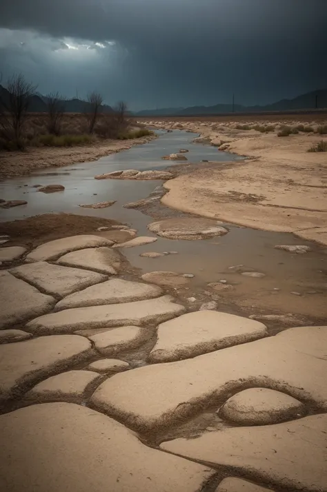 Rain on a riverbed
