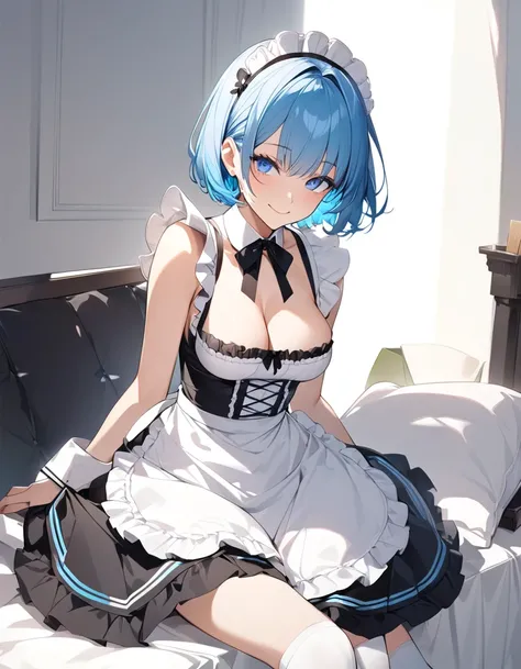 Beautiful girl in maid、(Top quality illustrations:1.2), (pretty girl:1.1), (1 girl、17 years old、Top quality illustrations:1.2), (1 girl、smile、Medium chest、Beautiful breasts、Highly detailed eyes:1.2)、Bright blue hair、Short Bob Hair、(Black and white maid cos...