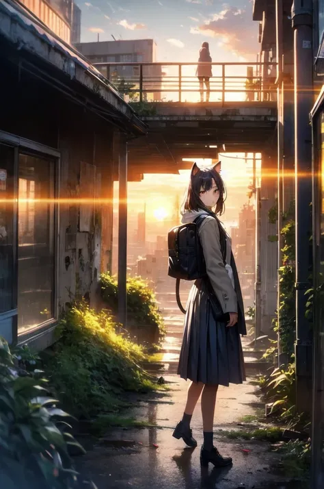 1. **Character**:
   - The character is standing with her back to the viewer, facing the sunset.
   - She has cat ears, which may suggest she is either a fantasy character or wearing some kind of accessory.
   - Her outfit consists of a light brown jacket ...