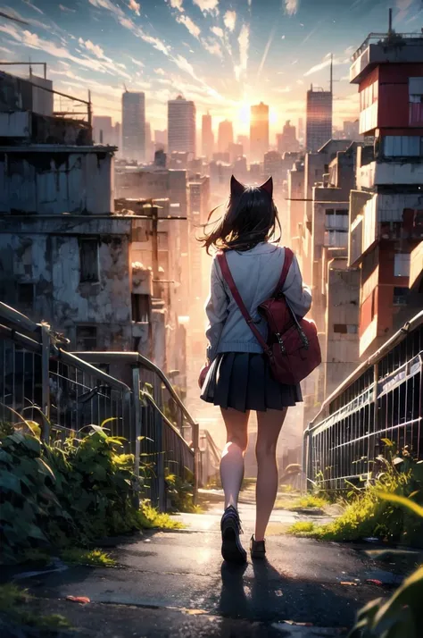 1. **Character**:
   - The character is standing with her back to the viewer, facing the sunset.
   - She has cat ears, which may suggest she is either a fantasy character or wearing some kind of accessory.
   - Her outfit consists of a light brown jacket ...