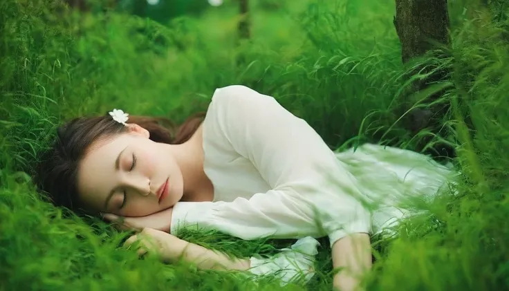 (masterpiece), highest quality, one girl, (sleeping in a forest of lush grass and leaves,happy sleeping face),realistic photos, ...