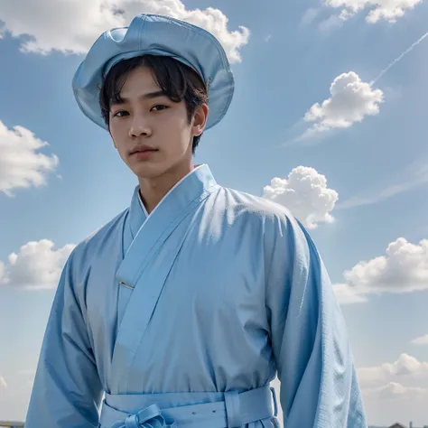 1boy, solo, looking at viewer, long sleeves, hat, closed mouth, upper body, outdoors, sky, day, cloud, blue sky, cloudy sky, crown, robe, korean clothes, traditional clothes, hanbok