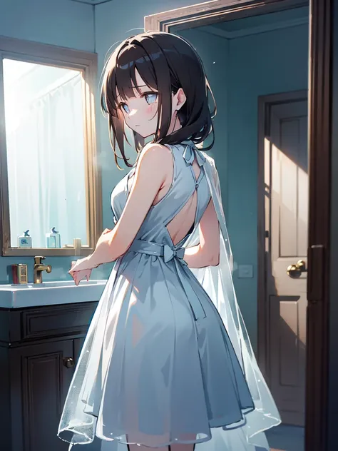 Beautiful woman、２８age、Draw a scene of Misaki standing in front of the bathroom mirror.。Misaki is wearing a transparent dress with a light mist-like texture.。The dress symbolized her loneliness.、It gives a heavy yet ephemeral feeling.。Her expression is sad ...