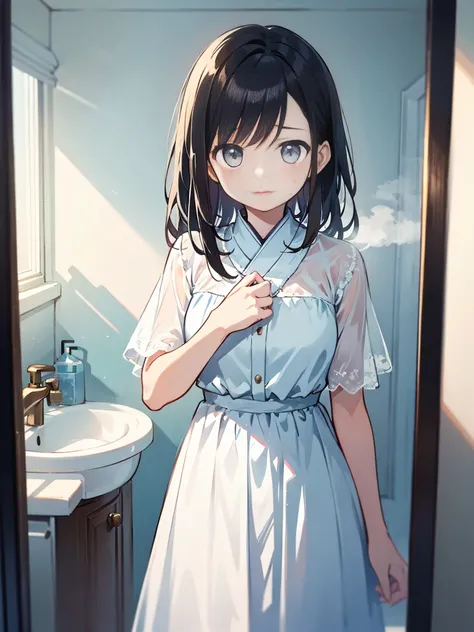 Beautiful woman、２８age、Draw a scene of Misaki standing in front of the bathroom mirror.。Misaki is wearing a transparent dress with a light mist-like texture.。The dress symbolized her loneliness.、It gives a heavy yet ephemeral feeling.。Her expression is sad ...