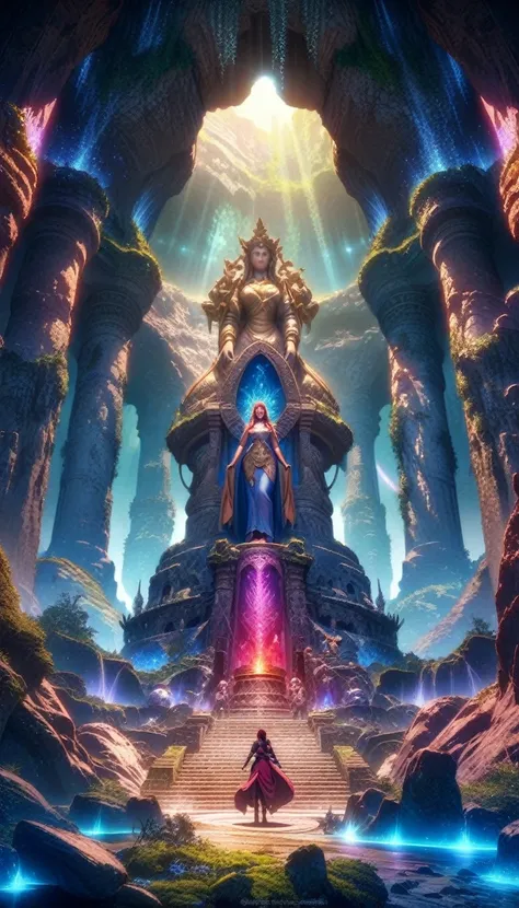 anime aestetics, anime scenery, huge cave, ancient monument standing in the center, statue of the goddes of fertility, old statue, covered in moss, curvy figure, cave vovered with different kinds of krystals, saphires, amethists, rubies, dim light, shiny c...