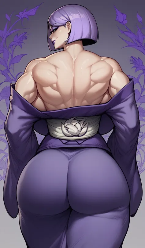 score_9, score_8_up, score_7_up, score_6_up, score_5_up, score_4_up, BREAK 1girl, ((muscular body:1)), intricate, kimono, (eyeliner:1.2), looking at viewer, bob hairstyle, purple hair, detailed background,huge breasts (masterpiece, high quality:1), backsho...