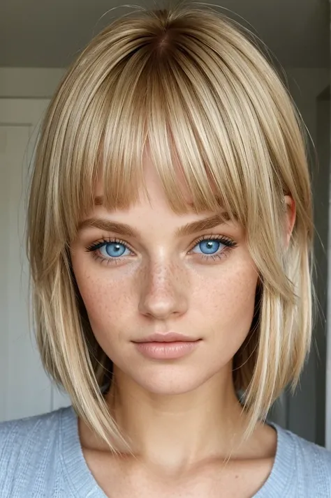 A woman with light cold blonde hair and bangs. light blue eyes, She has freckles and a beautiful nose. Take the lips and it&#39;s quite beautiful. low-cut. White skinned. There is a Turkish flag in the background and he is holding a gun. Çekici bir kadın v...