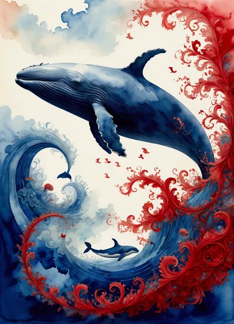 (Flying Whale), reaching the critical point of Prussian Blue shown as Titian Red fractal shapes blending together, in Ethereal Watercolor style, with dreamy washes, full body, award-winning, cinematic still, emotional, vignette, dynamic, vivid, (masterpiec...