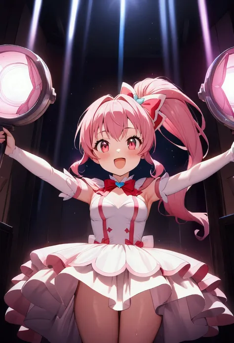 (((greatest masterpiece, ultimate quality, ultra-detailed, movie lighting, perfectly sensual))), One girl, Cure Lovely, pink hair, ponytail, red eyes, perfectly sensual cute mini PreCure costume, shoots beams from her eyes during battle, just like a robot ...