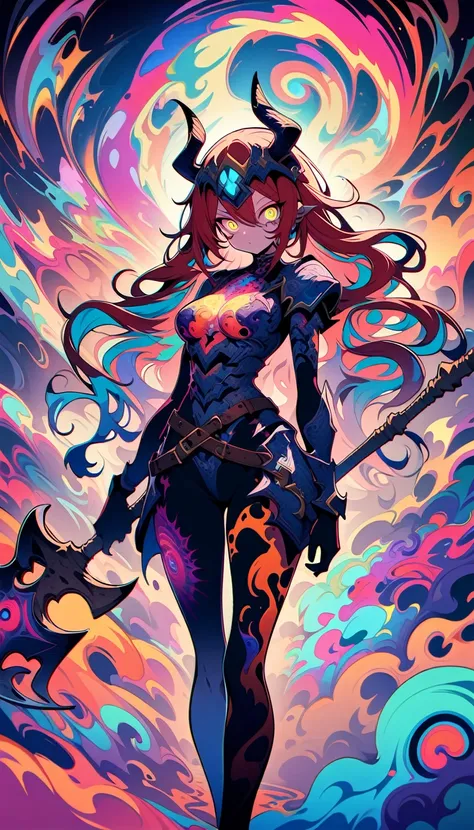 ((best quality)) , ((masterpiece)) , (detailed)，axe, 1girl, female focus, horns, glowing eyes, holding, beard, glowing, solo, weapon, holding axe, facial hair,  fire, holding weapon, chain, looking at viewer, long hair, lightning,  red hair, horned helmet,...