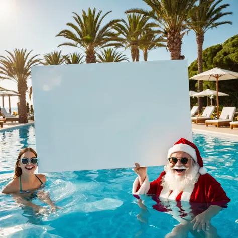 Captures an image from different angles of a swimming pool in which there are white rectangular signs in the water without any text, all posters are the same, In the center of the pool, a fat, smiling Santa Claus bathing in sunglasses floats in the water.,...