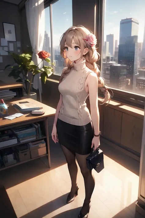 little 6yo girl, little face, noelledef, braid, hair flower, rose, indoors, standing, looking away, facing away, looking out window, window, cityscape, skyscraper, long hair ,office lady ,pencil skirt ,ribbed sweater , skirt ,sleeveless ,sleeveless sweater...