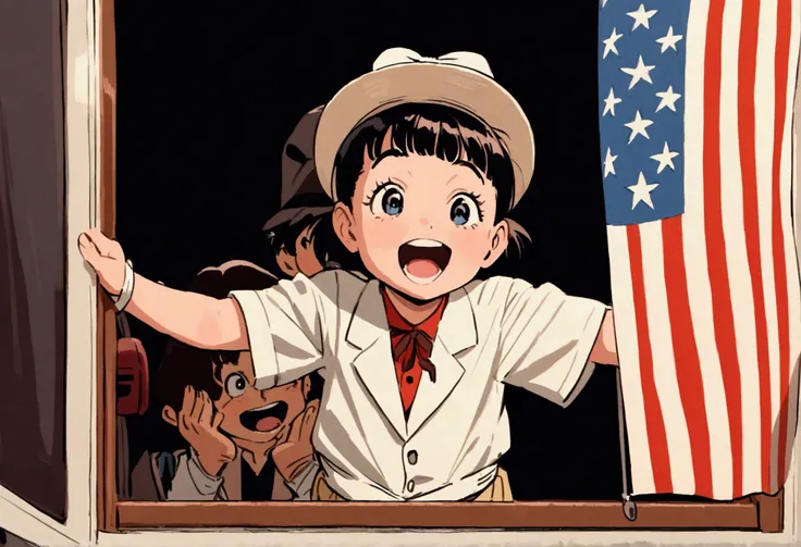 Classic TV, the little rascals, playfully hold up a MAGA banner, An american flag in the background
