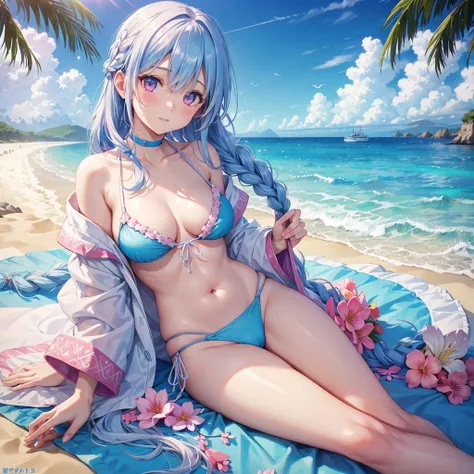 (Sky blue braided hair)、Pink Eyes、Fair skin、(whole body)、(One Girl)、bikini、Shining white sand beach in midsummer、Okinawa&#39;Ocean、Happy smile、、(masterpiece、Highest quality、Very detailed、Best Shadow)、(Detailed Background)、(Beautifully detailed face)、High C...