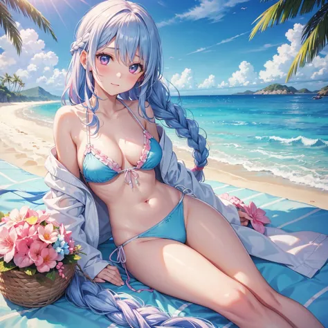 (Sky blue braided hair)、Pink Eyes、Fair skin、(whole body)、(One Girl)、bikini、Shining white sand beach in midsummer、Okinawa&#39;Ocean、Happy smile、、(masterpiece、Highest quality、Very detailed、Best Shadow)、(Detailed Background)、(Beautifully detailed face)、High C...