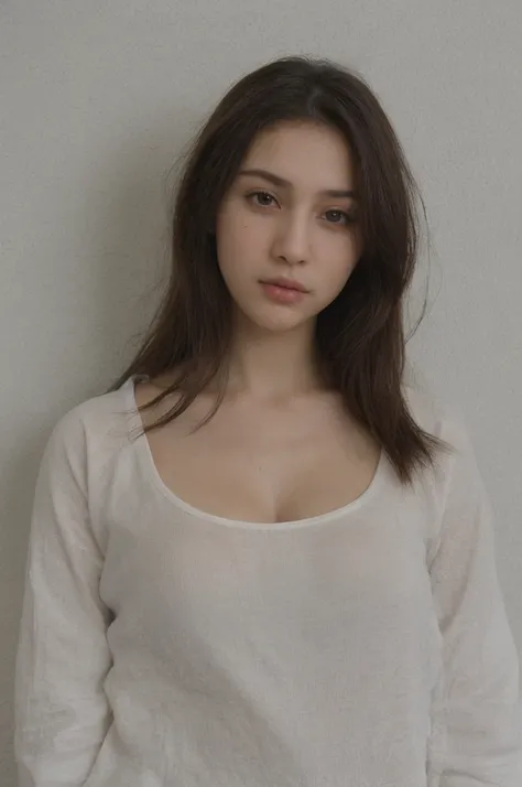 Babe, Chinese-Arabian, full-body shot, 27 year old, Wear Plain-White-Tees, busty, ultra detailed eye, (focus-look), black-brown hair, gorgeous hairstyle, ultra detailed face, ultra-detailed skin texture, White skin, fat:0.1