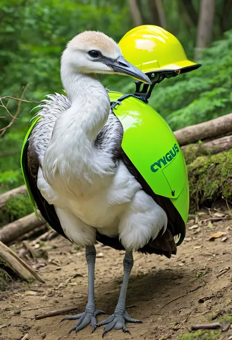 The animal Cygnus olor with a safety helmet and green inspector&#39;s vest 