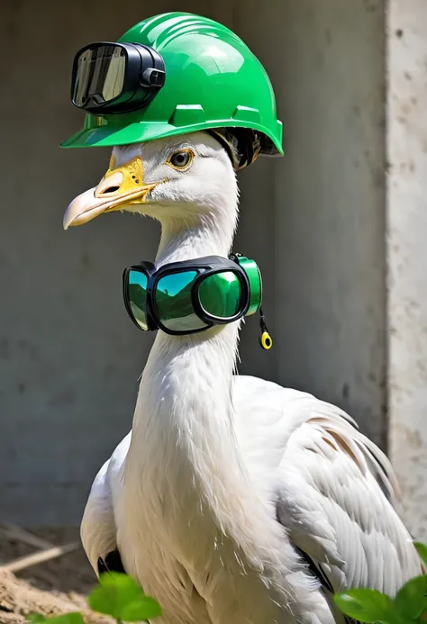 The animal Cygnus olor with a safety helmet and green inspector&#39;s vest 