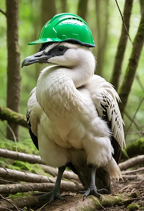 The animal Cygnus olor with a safety helmet and green inspector&#39;s vest 