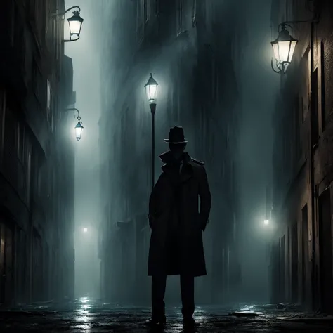 a dark and ominous logo featuring a shadowy figure in a trench coat holding a magnifying glass, standing under a dim streetlight with blood splatters in the background, an eerie, deserted alley with mist rolling in, a chilling and suspenseful atmosphere wi...