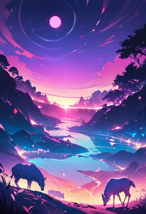 a mystical alien landscape, twin suns, atmospheric colors, farmland, trees in the background, dense foliage, animals, beautifully painted, photography, synthwave