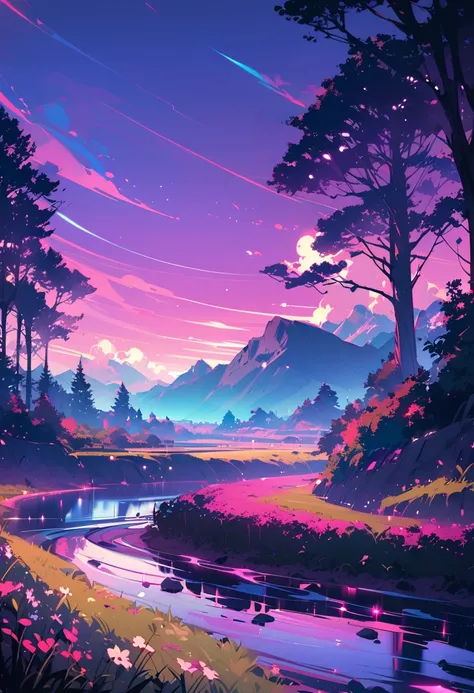 a mystical alien landscape, twin suns, atmospheric colors, farmland, trees in the background, dense foliage, animals, beautifully painted, photography, synthwave